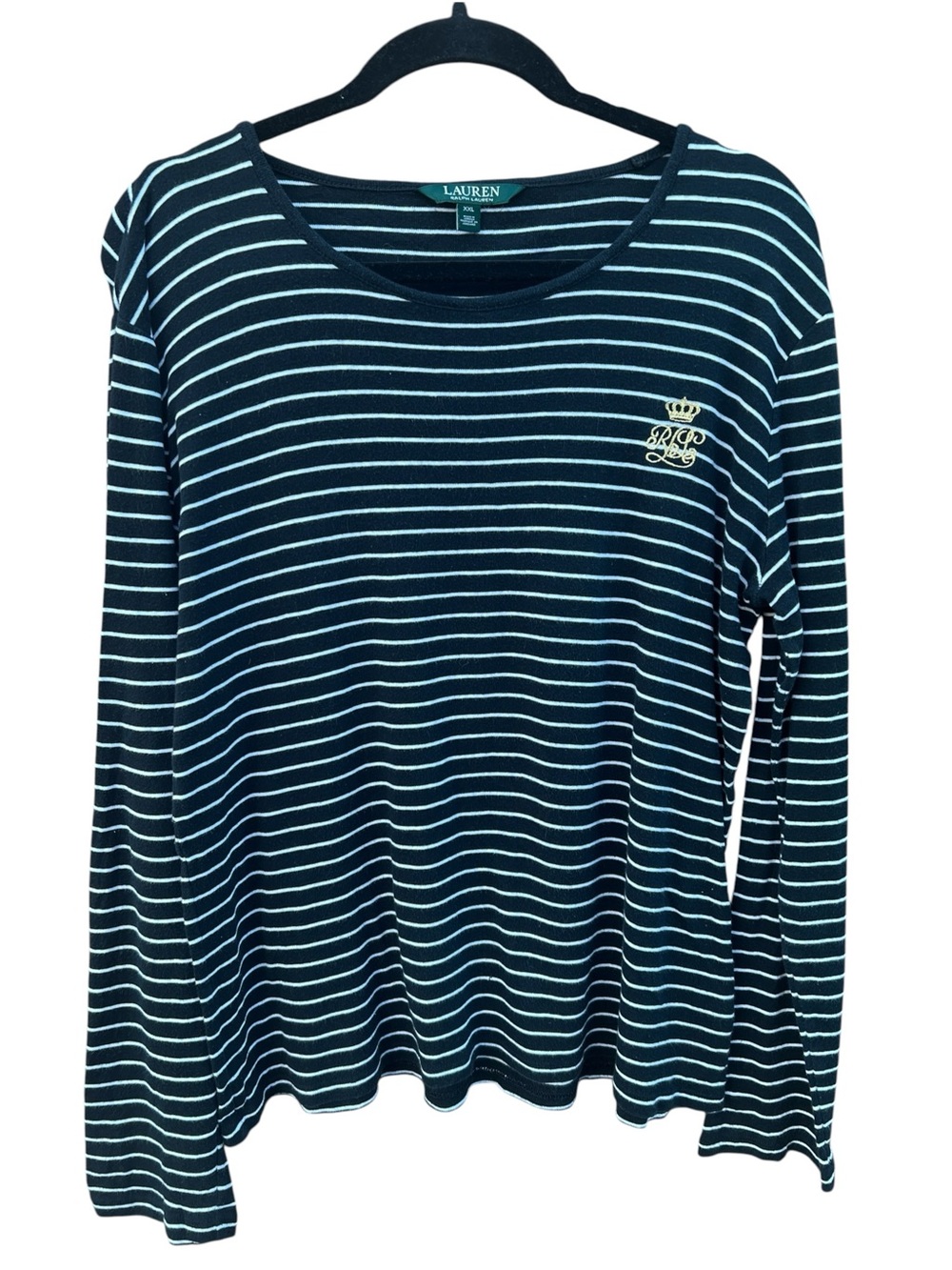 Lauren Ralph Lauren XXL Black White Striped Monogram Long Sleeve Tee Nautical - Picture 2 of 5